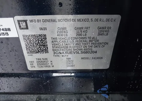 2020 Chevrolet Equinox Awd Lt 1.5L Turbo z USA, uszkodzony, nr VIN 3GNAXUEV5LS680204